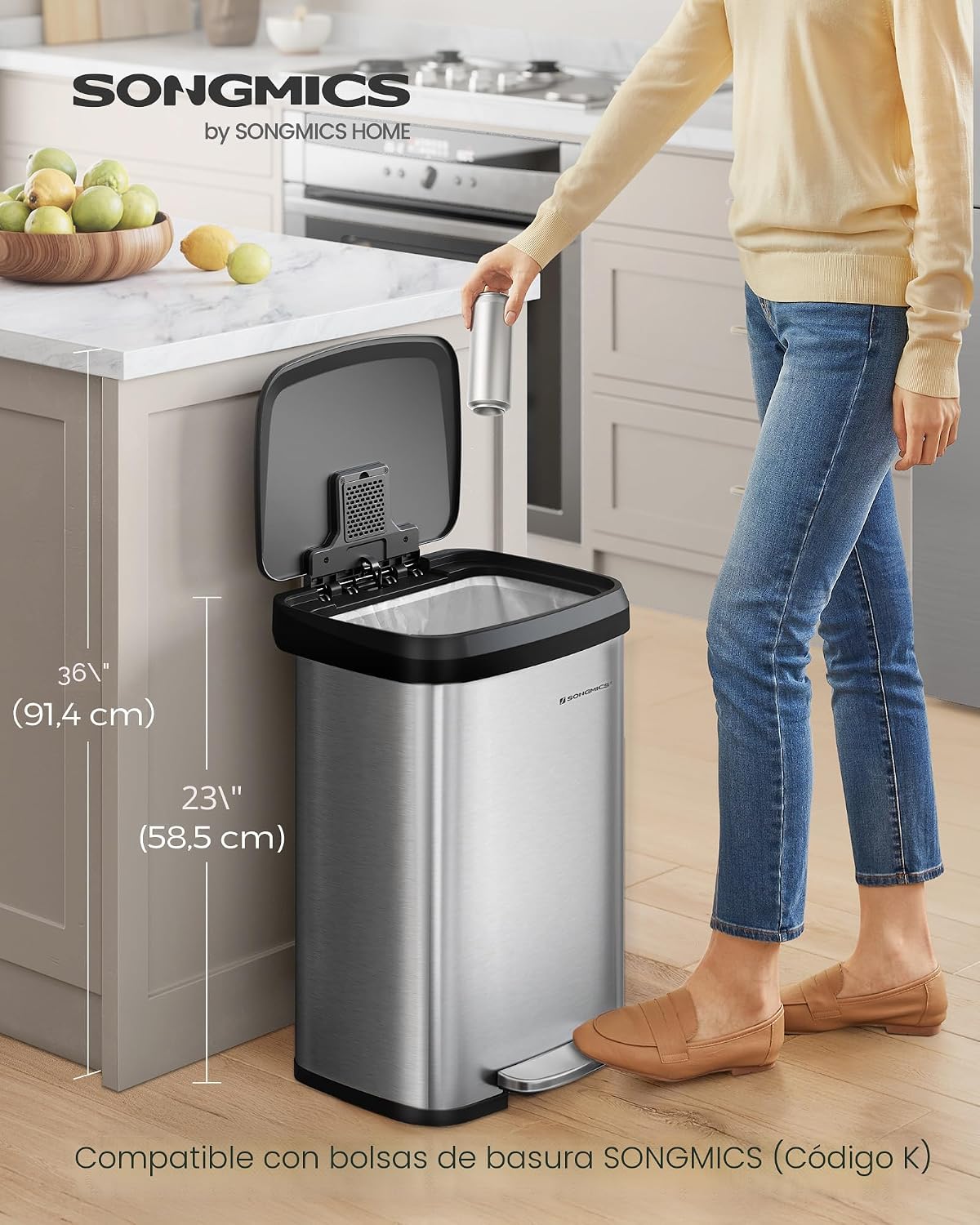 Basurero cocina acero inox 50L pedal plateado y negro