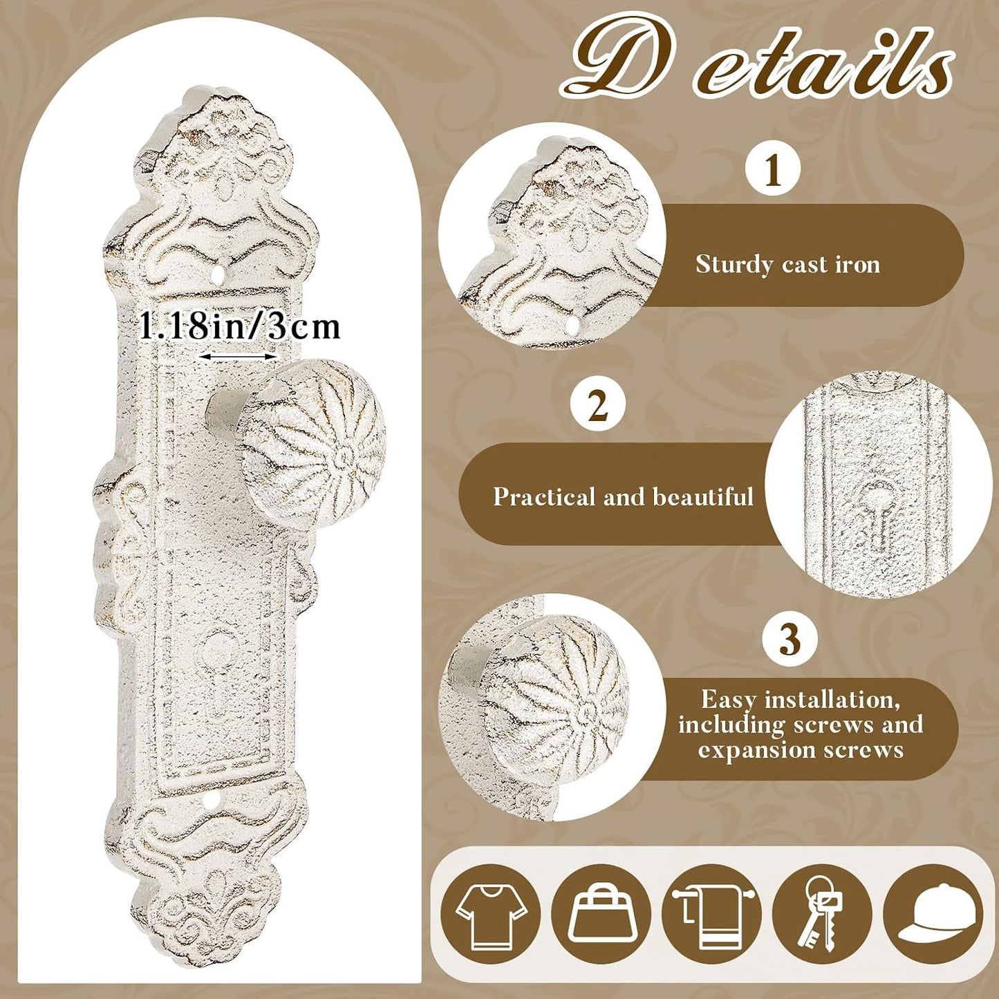 4 Ganchos Shabby Chic Hierro Fundido Blanco Rústico Pared