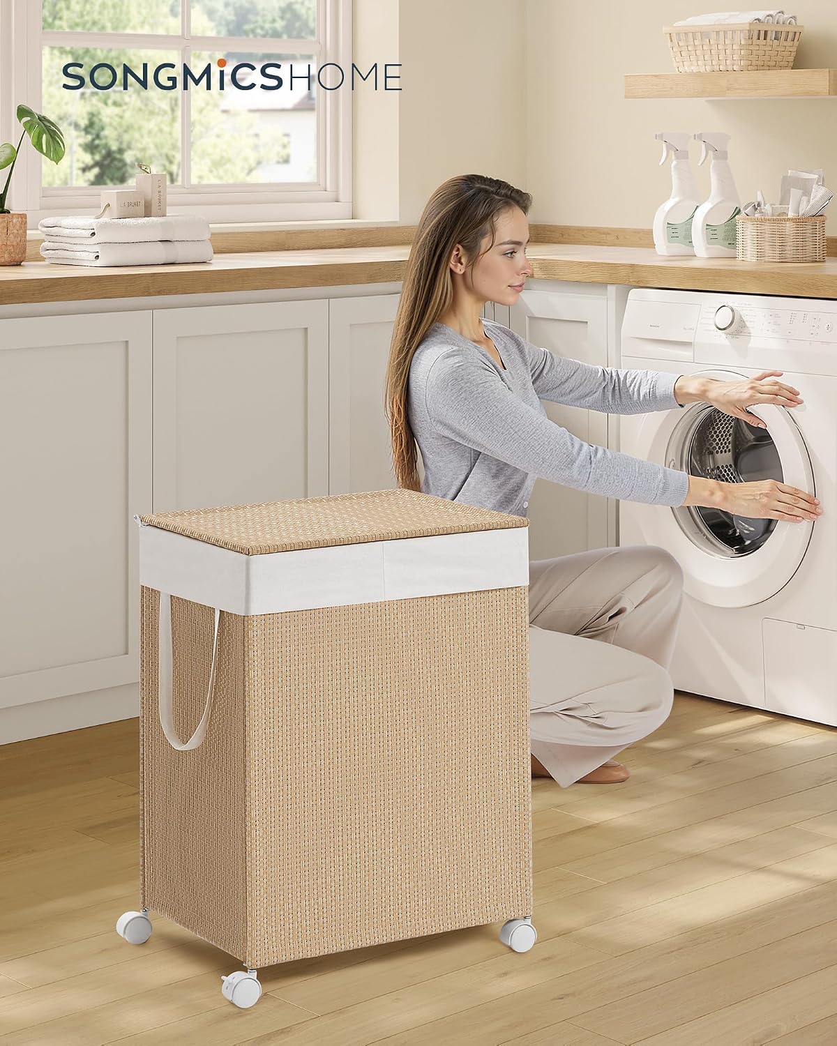 Cesta ropa sucia ratán 100l con tapa forro extraible beige