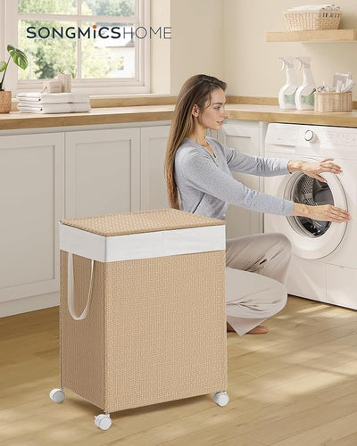 Cesta ropa sucia ratán 100l con tapa forro extraible beige