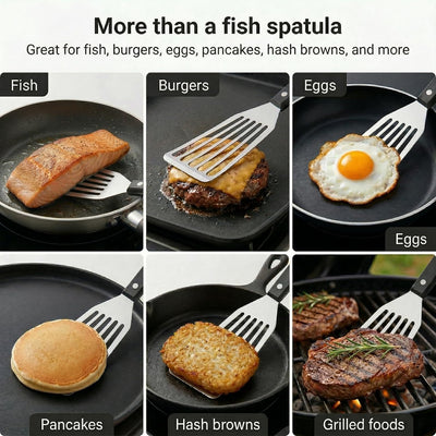Espátula acero inox 12.2pulg ranurada mango resistente pescado