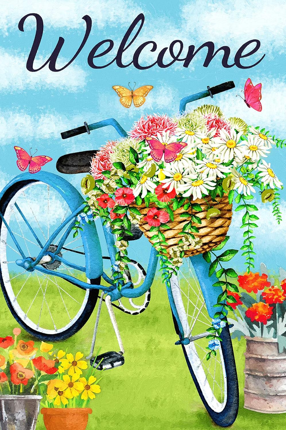Bandera bienvenida azul bicicleta flores mariposa 12x18pulg