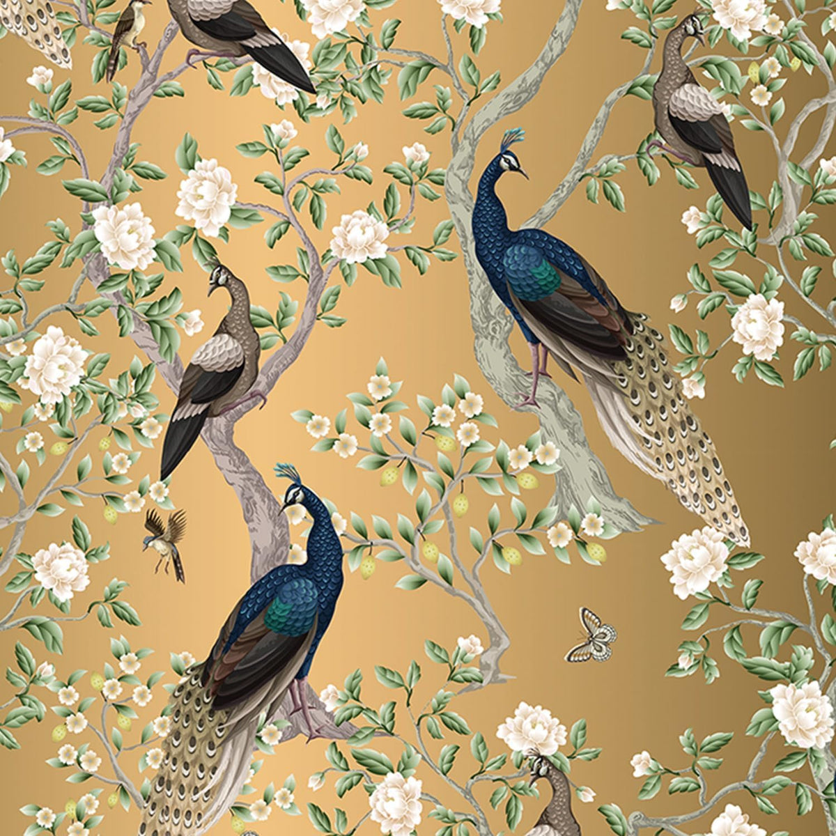 Papel tapiz chinoiserie vintage pájaros flores dorado 17.5x23ft