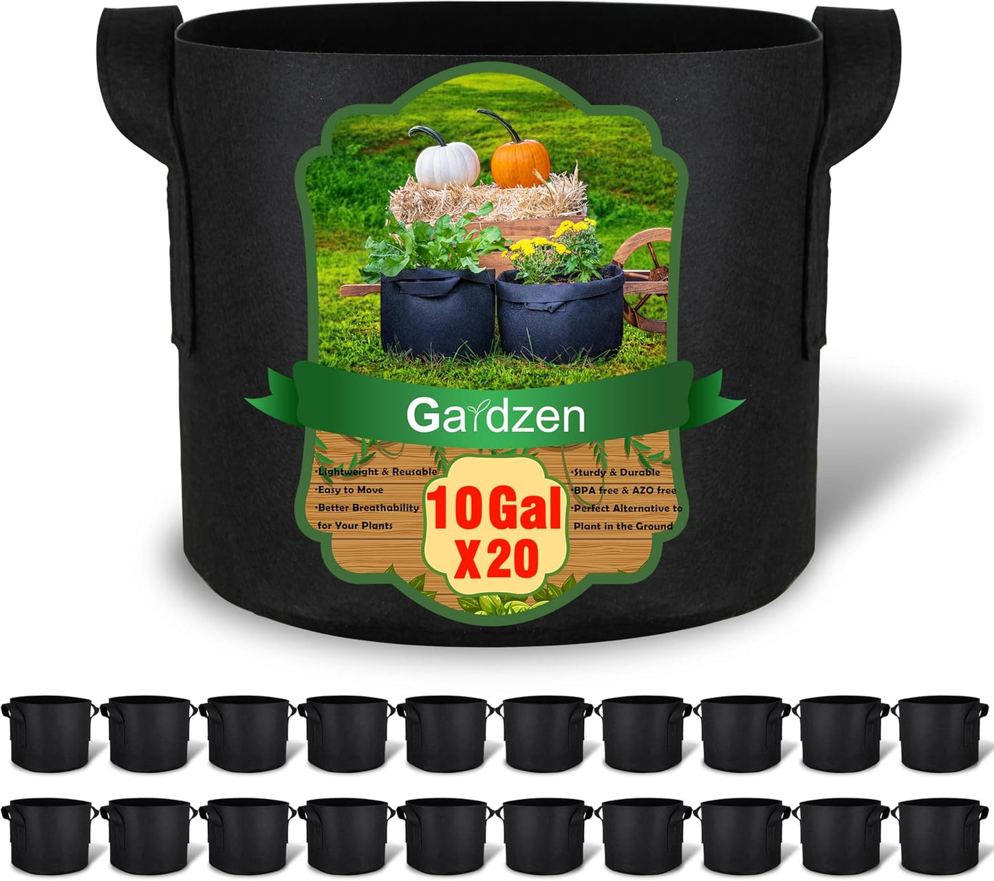20 Pzas Bolsas Cultivo 10gal con Asas Tela Aireación