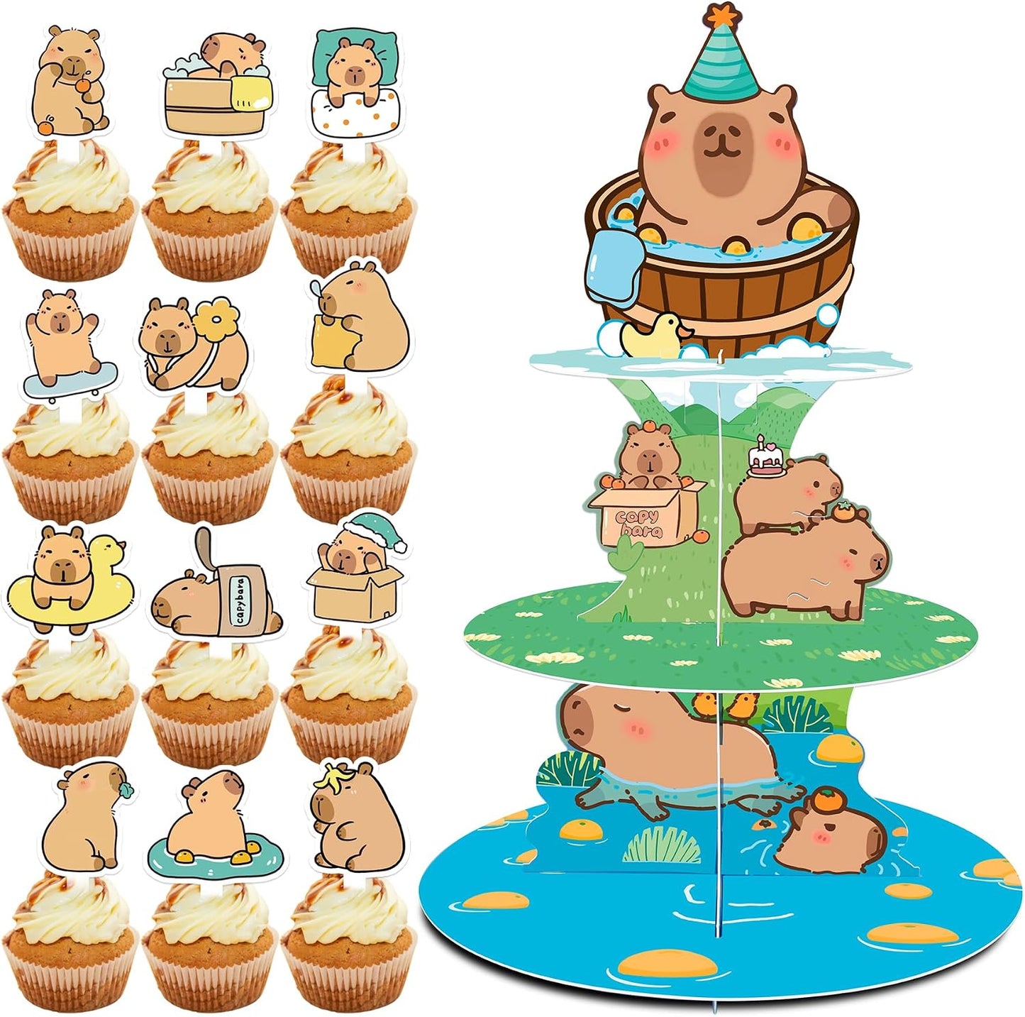 Soporte cupcakes 3 niveles decoración capybara 24 pzas