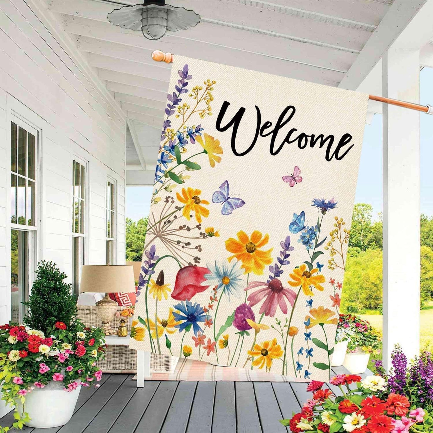 Bandera patio doble cara hojas florales 28x40pulg