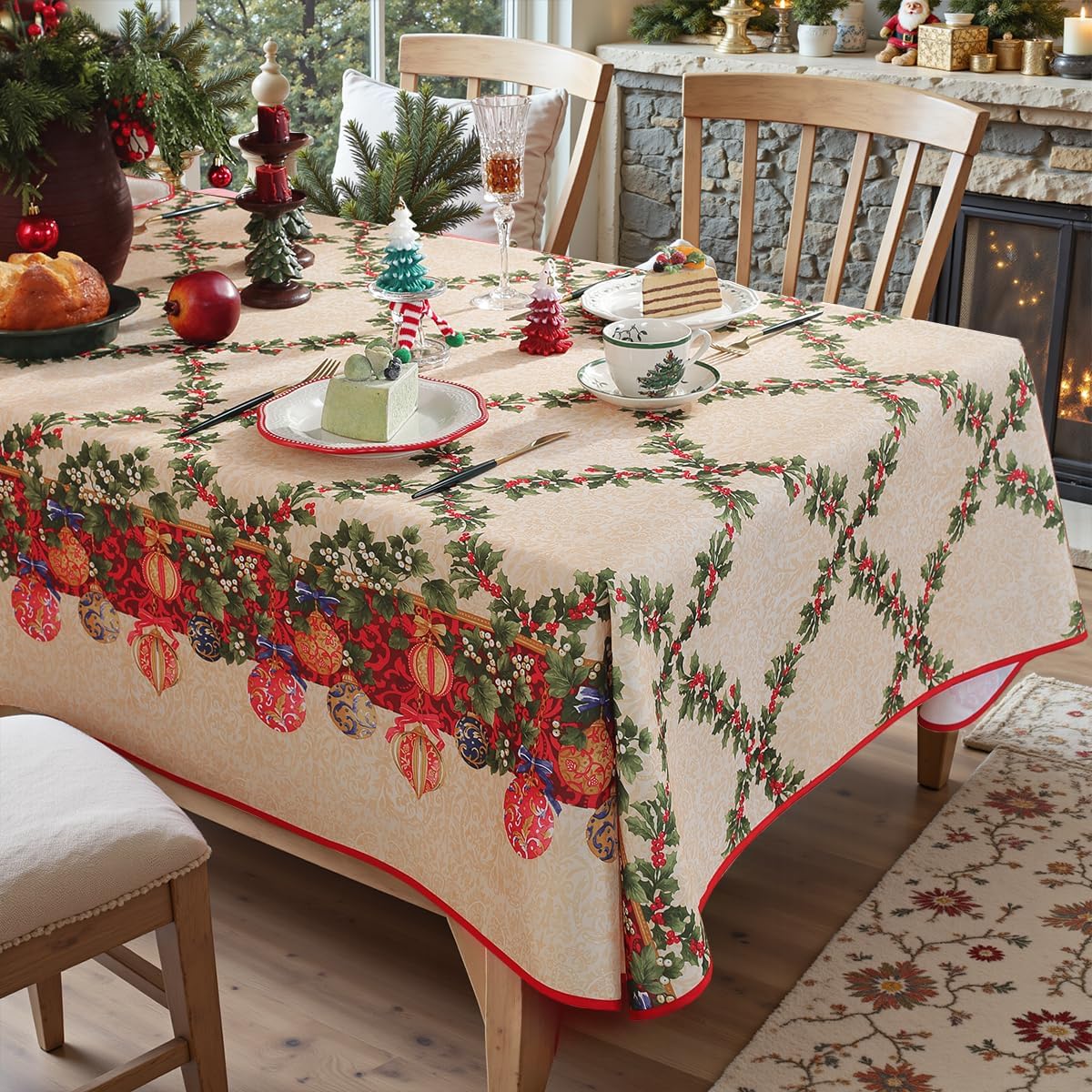 Mantel navideño 60x120pulg rojo bayas acebo impermeable vintage