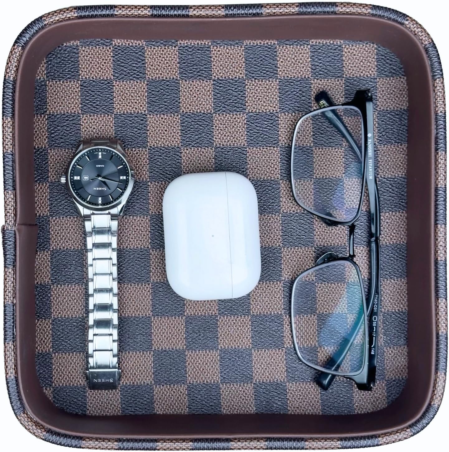 Bandeja valet cuero con interior madera para hombres