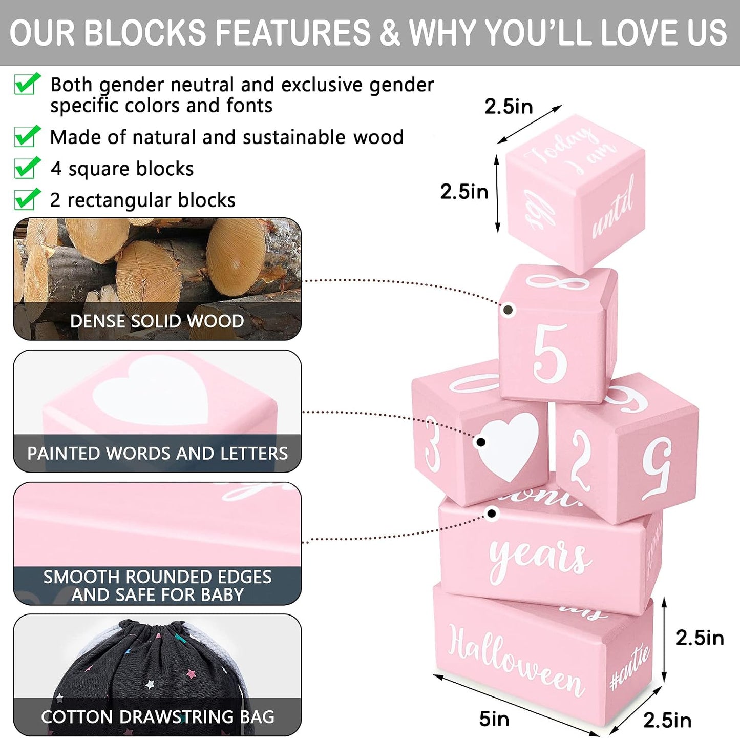 Bloques hitos mensuales bebé rosa con bolsa