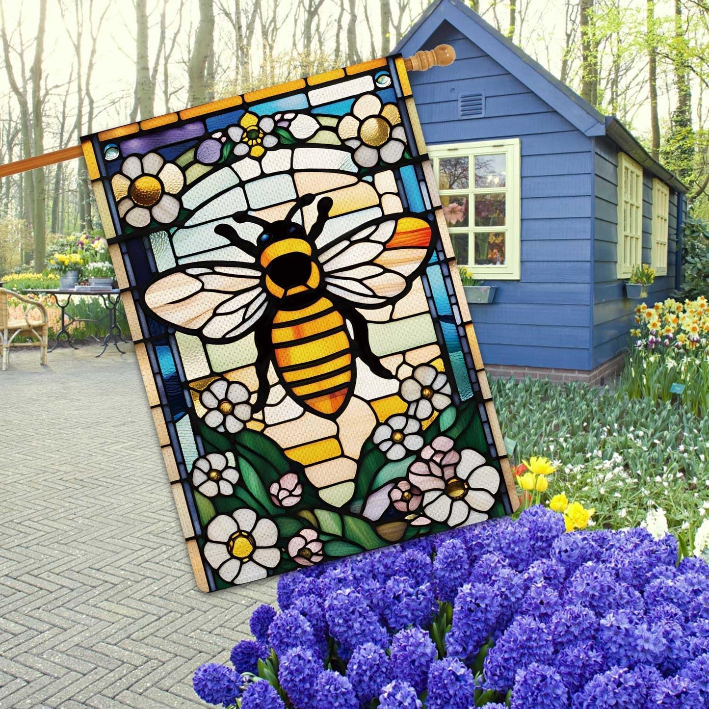 Bandera jardín abejas felices estilo cristal 28x40