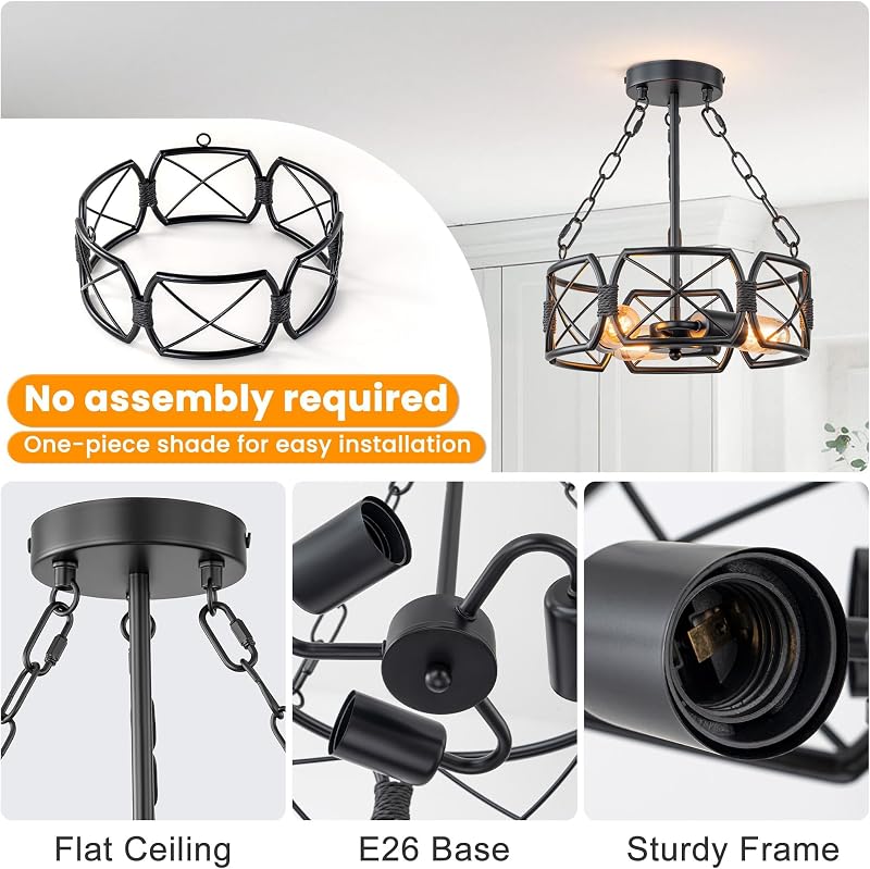 Lámpara techo 3 luces industrial negra jaula rústica cocina