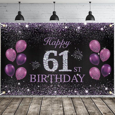 Cartel feliz cumpleaños 61 morado telón 5.9x3.8pies