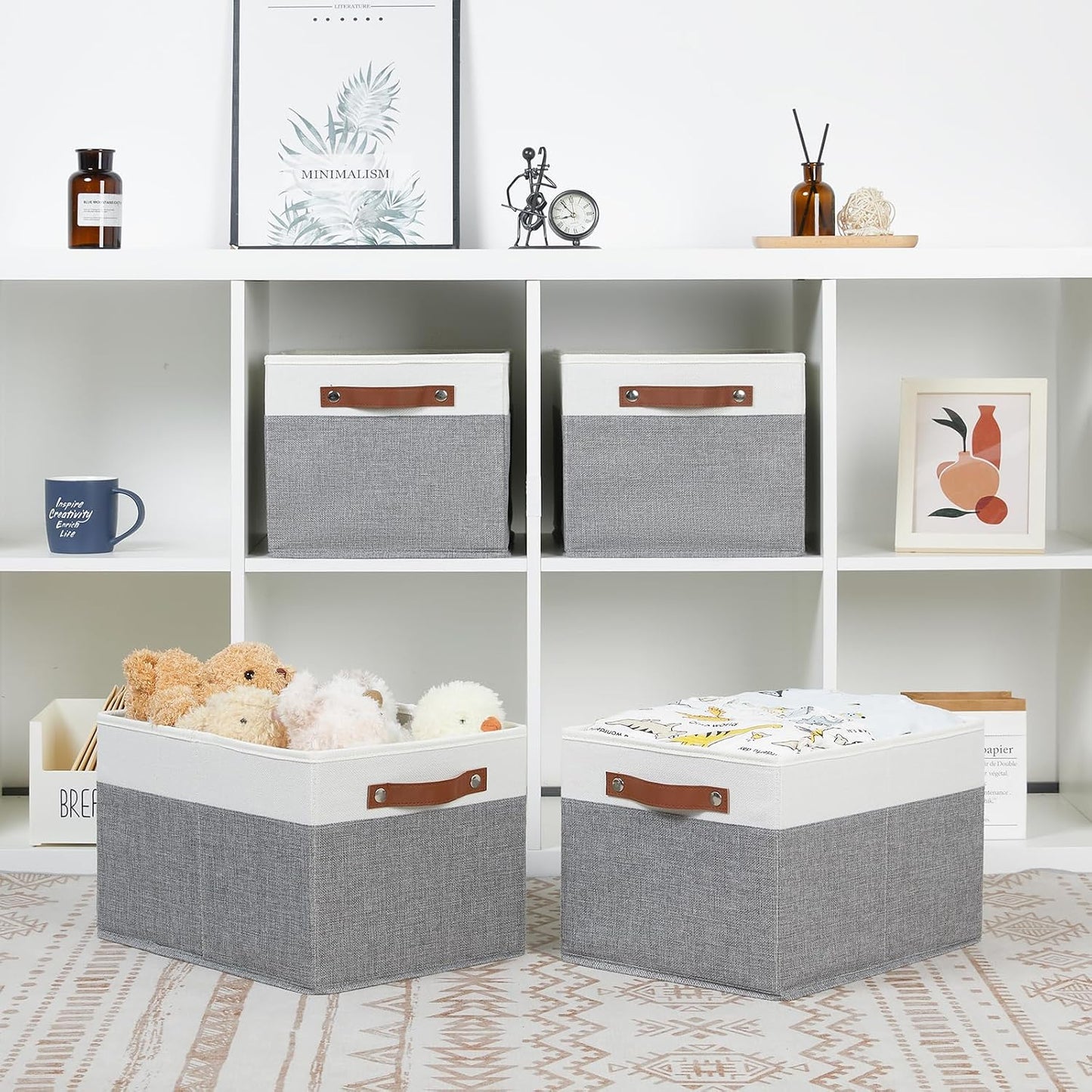 4 Cestas Almacenamiento Plegables Tela 15x11" Blanco Gris