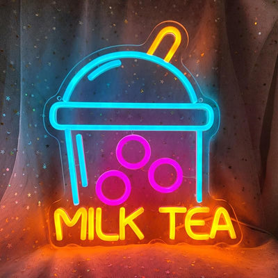 Letrero neón té con leche burbujas decoración pared