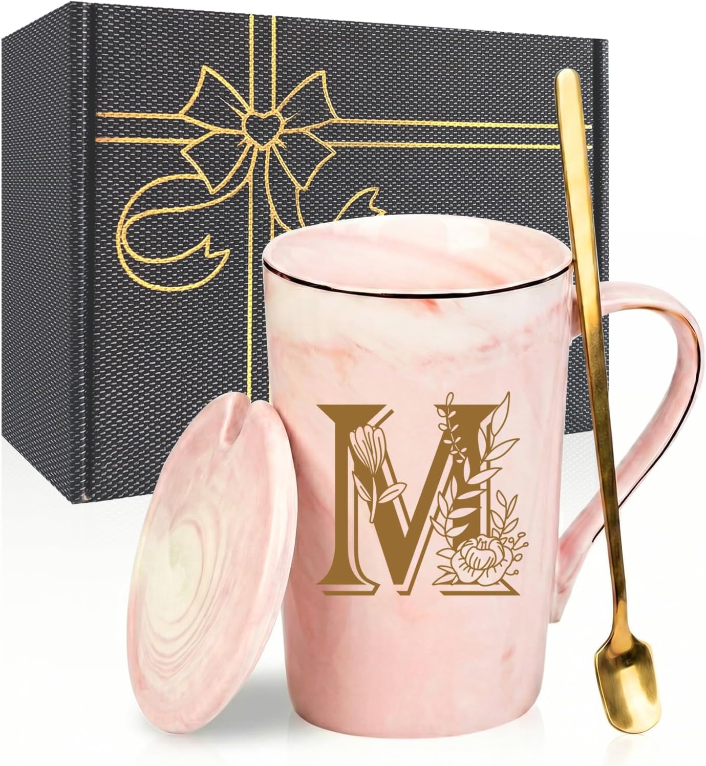 Taza café personalizada con letra M 14oz rosa con tapa