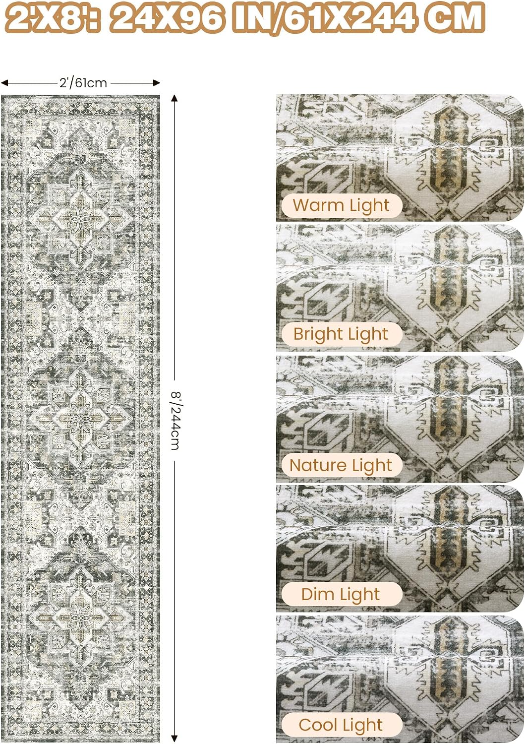 Tapete pasillo antiderrap estilo vintage 2x8ft gris/beige