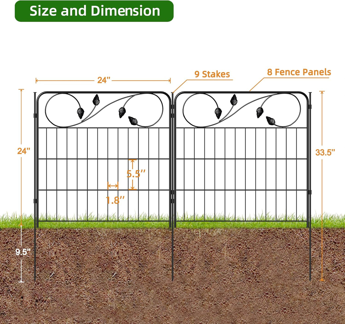 Cercas decorativas jardín 24pulg x 16ft 8 paneles metal