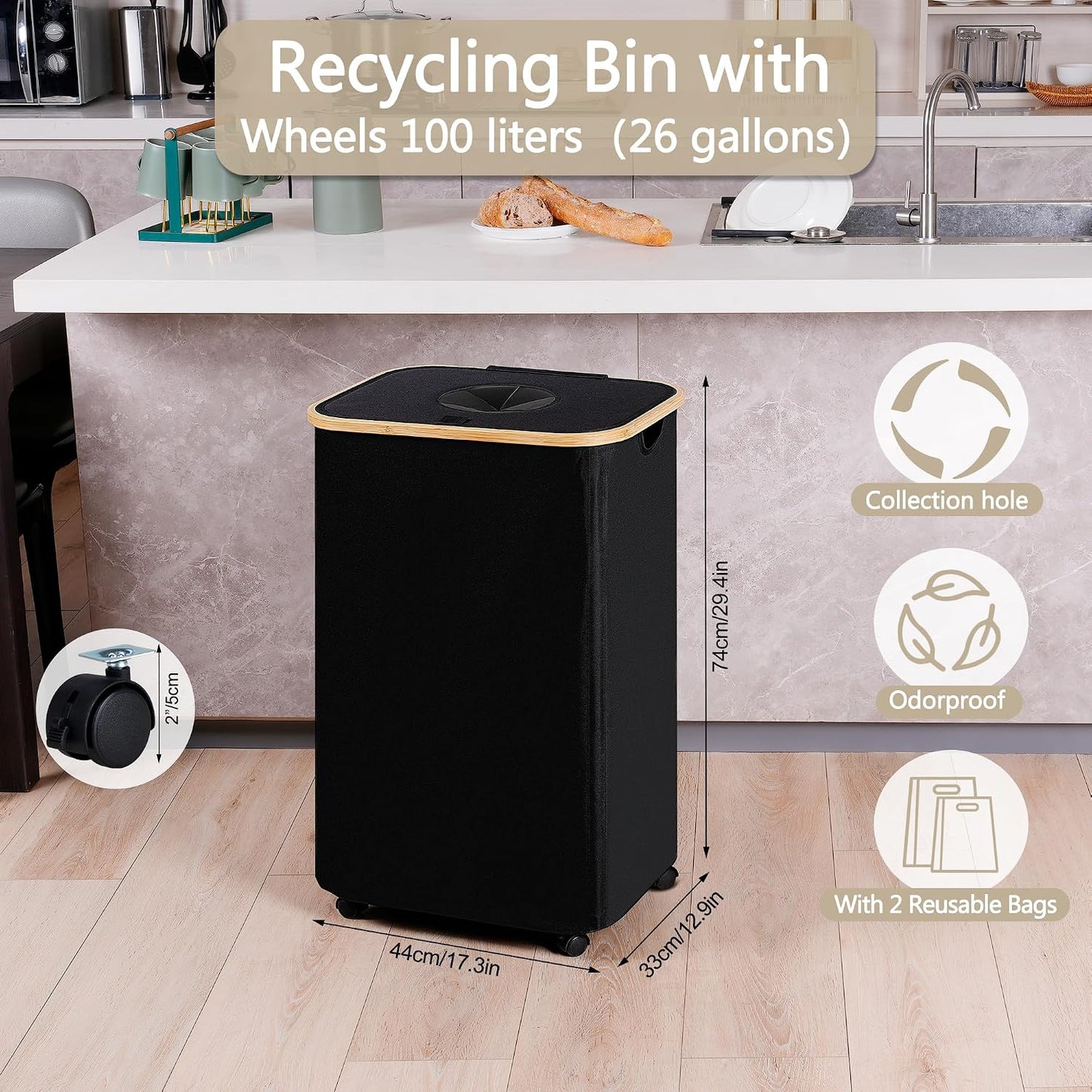 Contenedor reciclaje cocina 100L con ruedas 2 bolsas