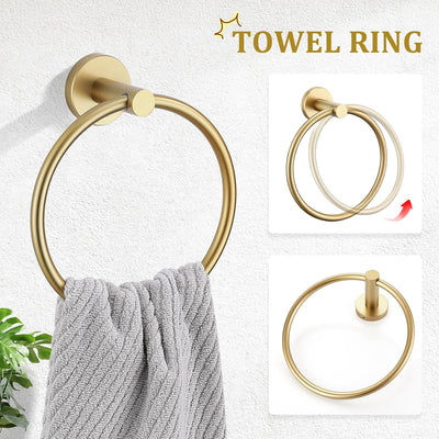 Toallero anillo y gancho 4 pzas acero inox oro cepillado