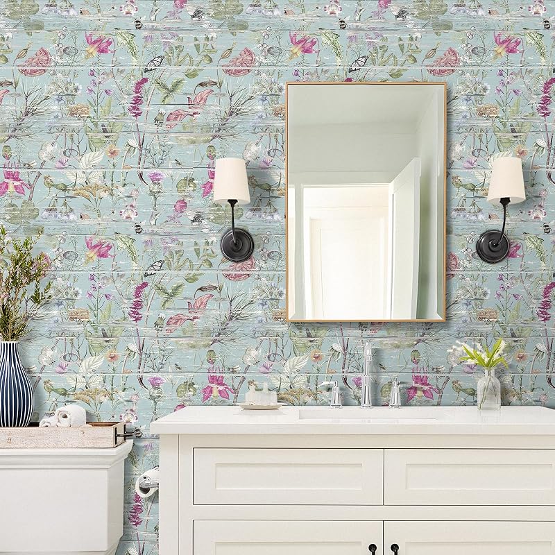 Papel tapiz floral madera 17.5x276" azul desgastado