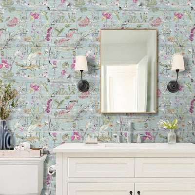 Papel tapiz floral madera 17.5x276" azul desgastado