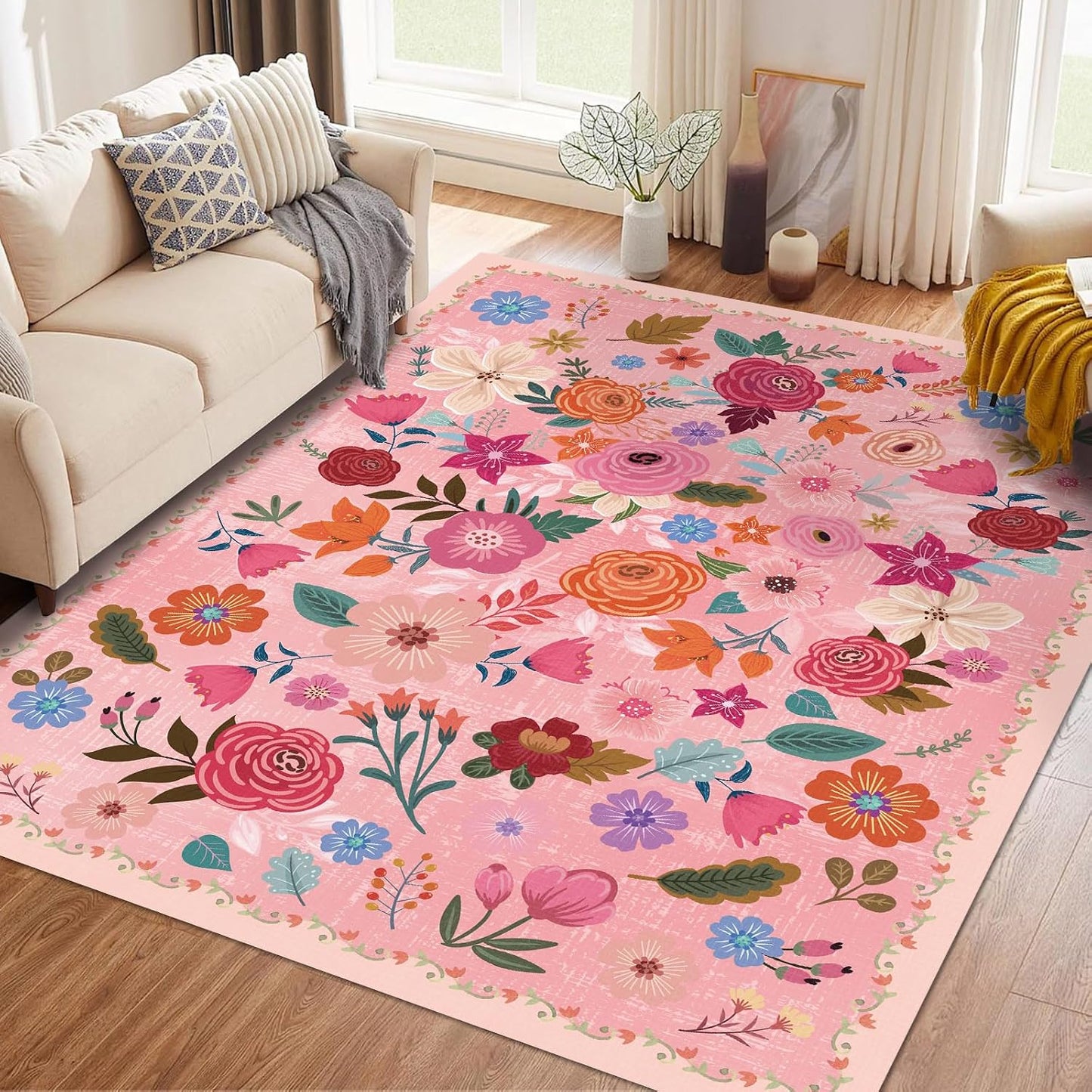 Alfombra lavable 5x7ft color rosa bohemio antiderrap