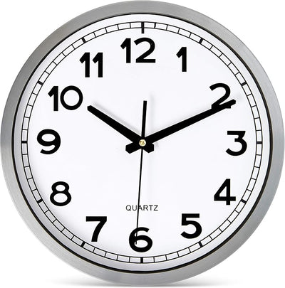 Reloj pared silencioso 12pulg marco plateado cuarzo oficina