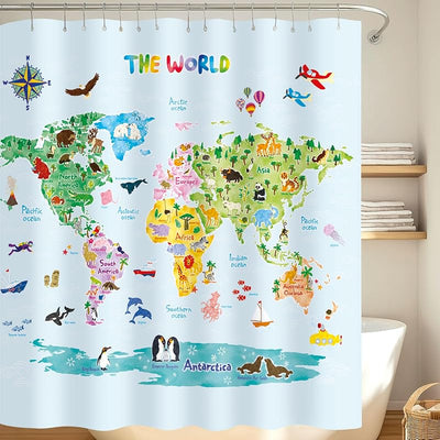 Juego cortinas ducha mapa animal niños 71x71pulg tela poliéster