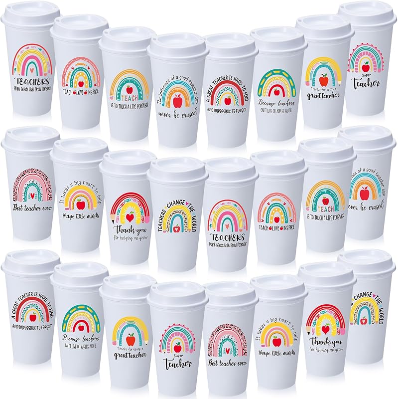 24 Pzas Tazas Café 16oz con Tapa Blanco Arcoíris