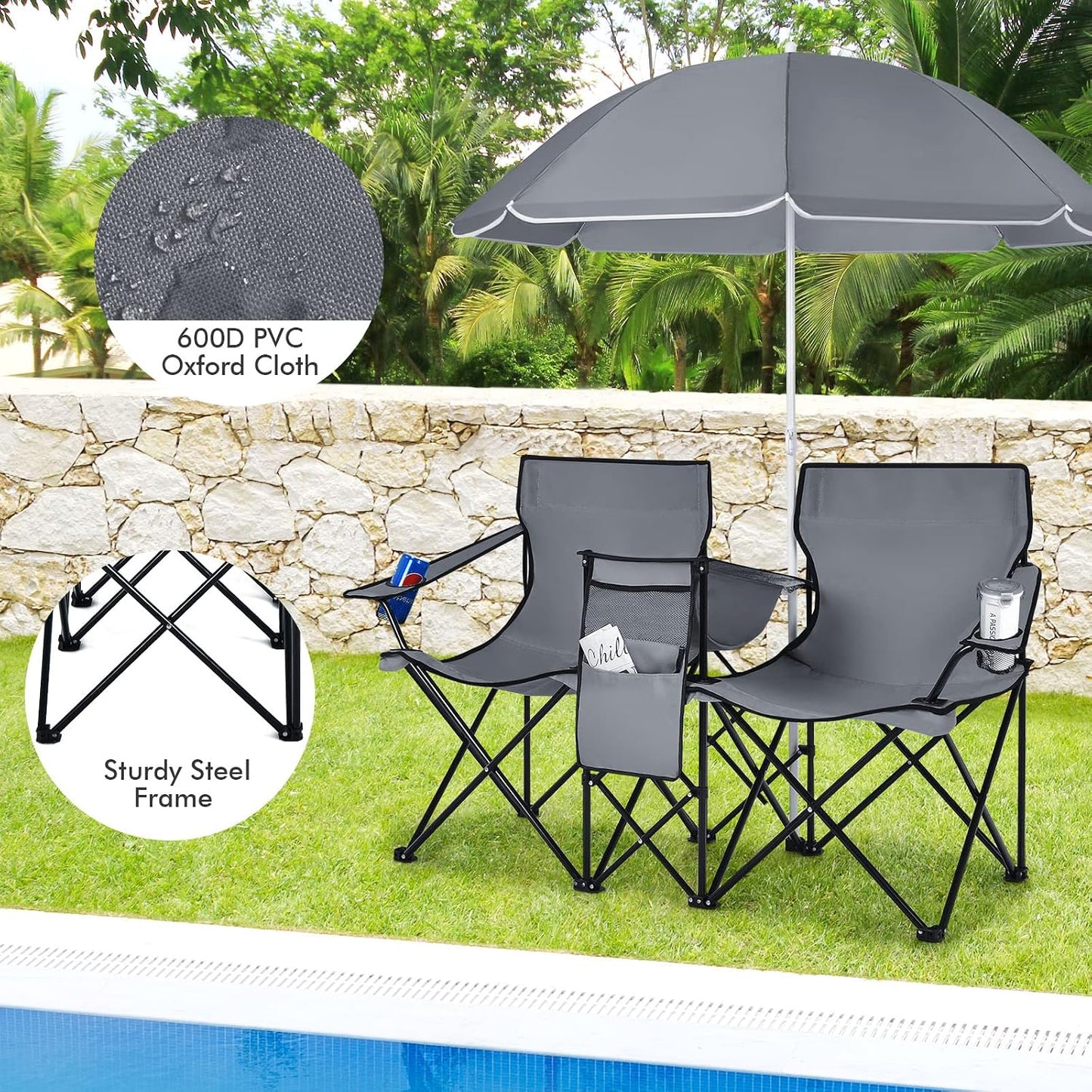 Silla campamento doble plegable paraguas mesa gris