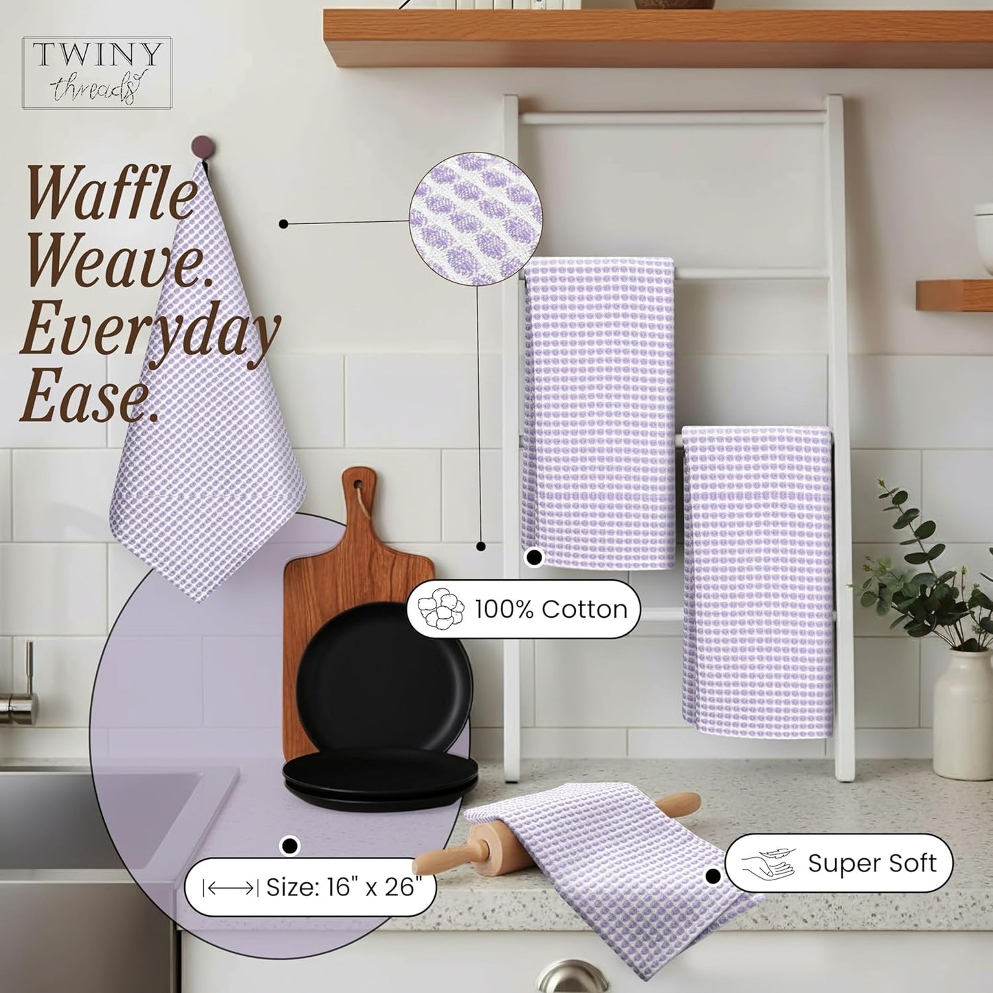 Toallas de cocina TwinY Circle Waffle 16x26 pulgadas algodón 100% set de 4 suaves absorbentes para lavar platos decorativas