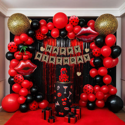 Decoraciones fiesta globos leopardo rojos negros labios cerezas aluminio