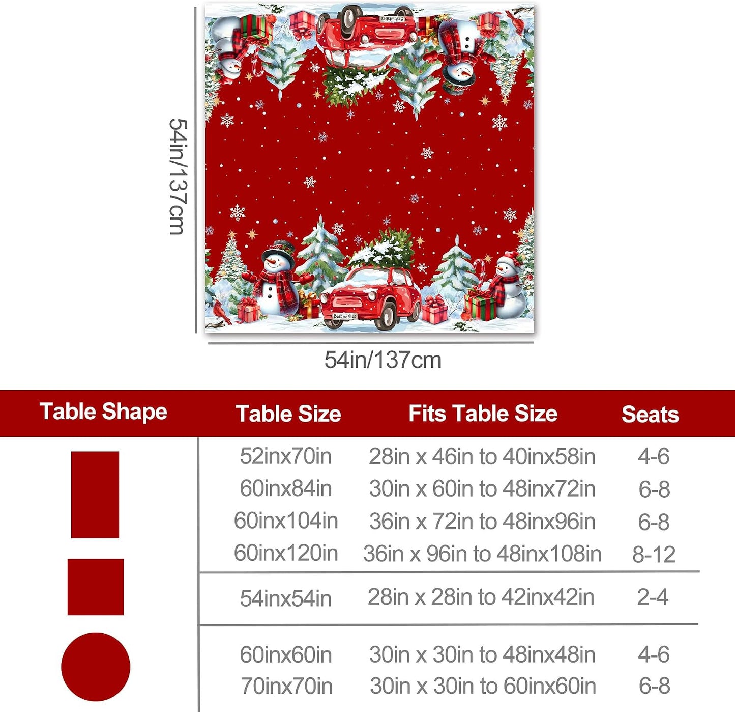 Mantel navideño cuadrado 54x54pulg con muñecos de nieve