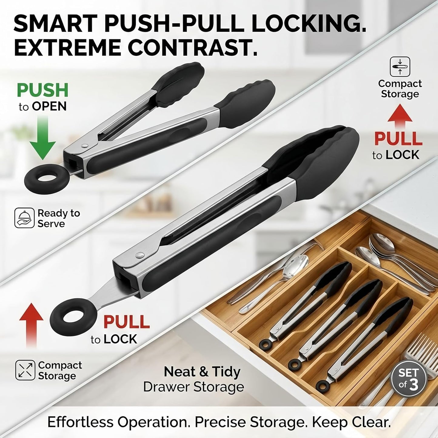 Pinzas acero inox con punta silicona set 3 para cocina