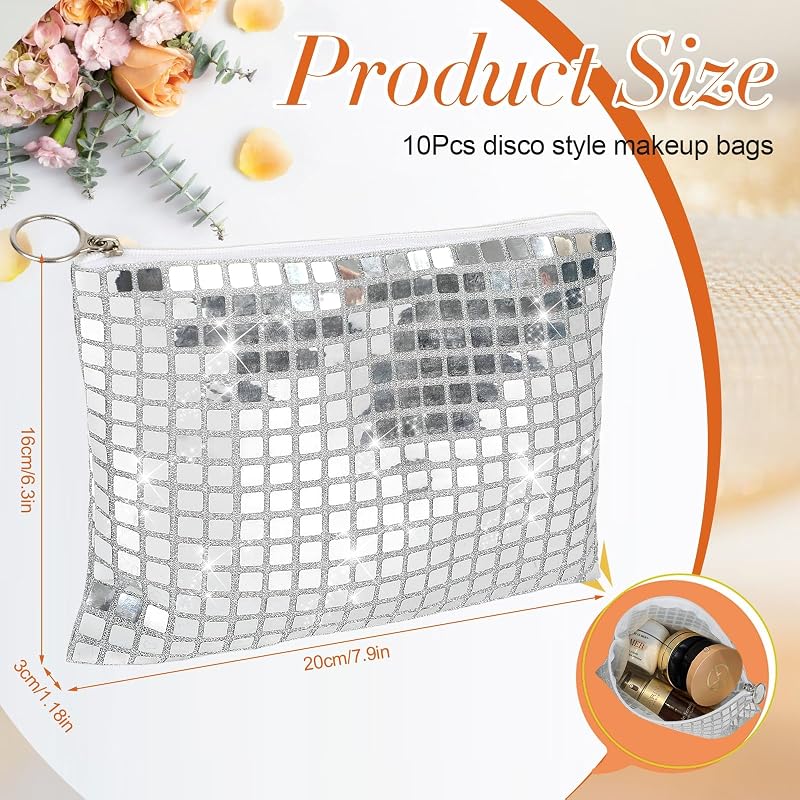10 Bolsas Maquillaje Discoteca 7.8x6.6pulg Plateadas