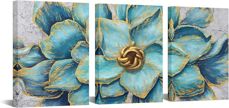 3 Pzas Pintura Flores Verde Azulado Dorado Arte Pared