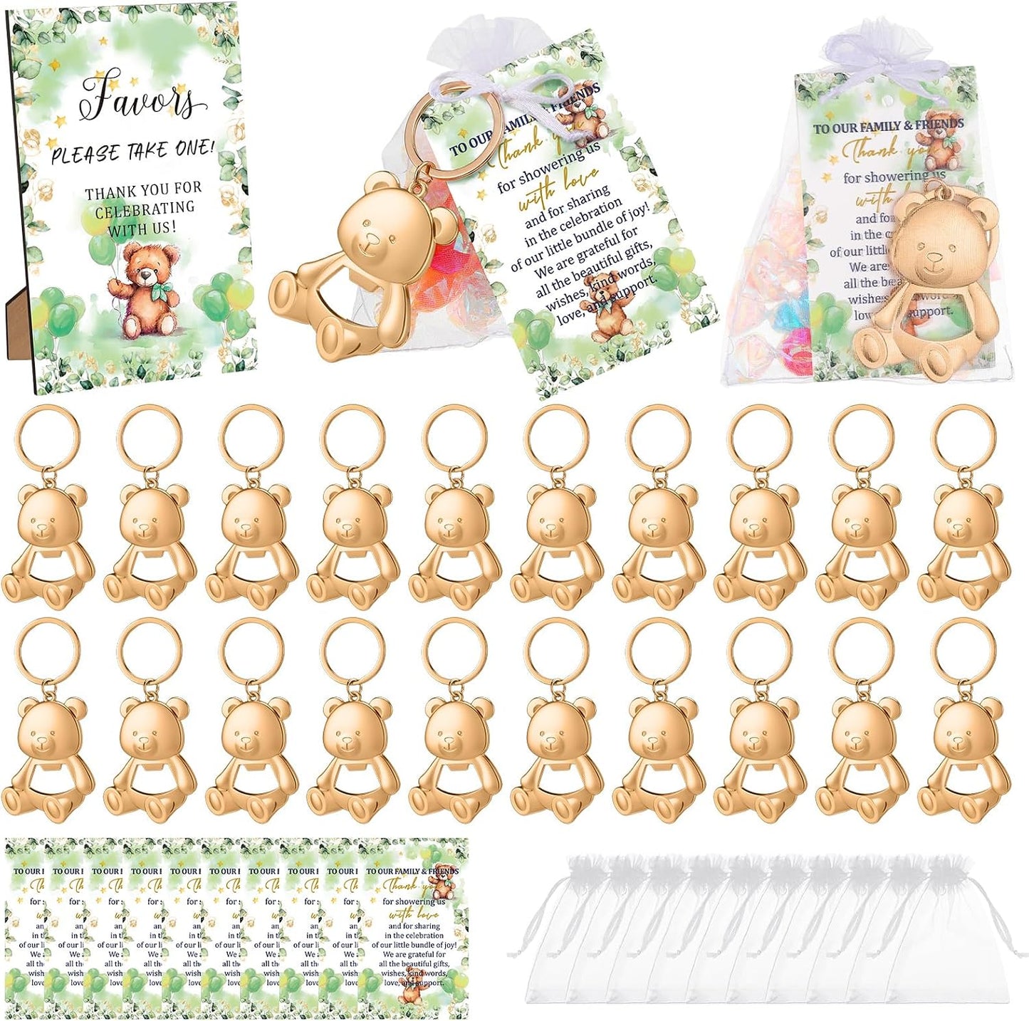 Set 50 regalos baby shower temática oso con letrero y tarjetas