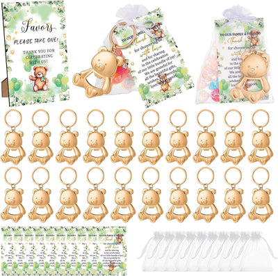 Set 50 regalos baby shower temática oso con letrero y tarjetas