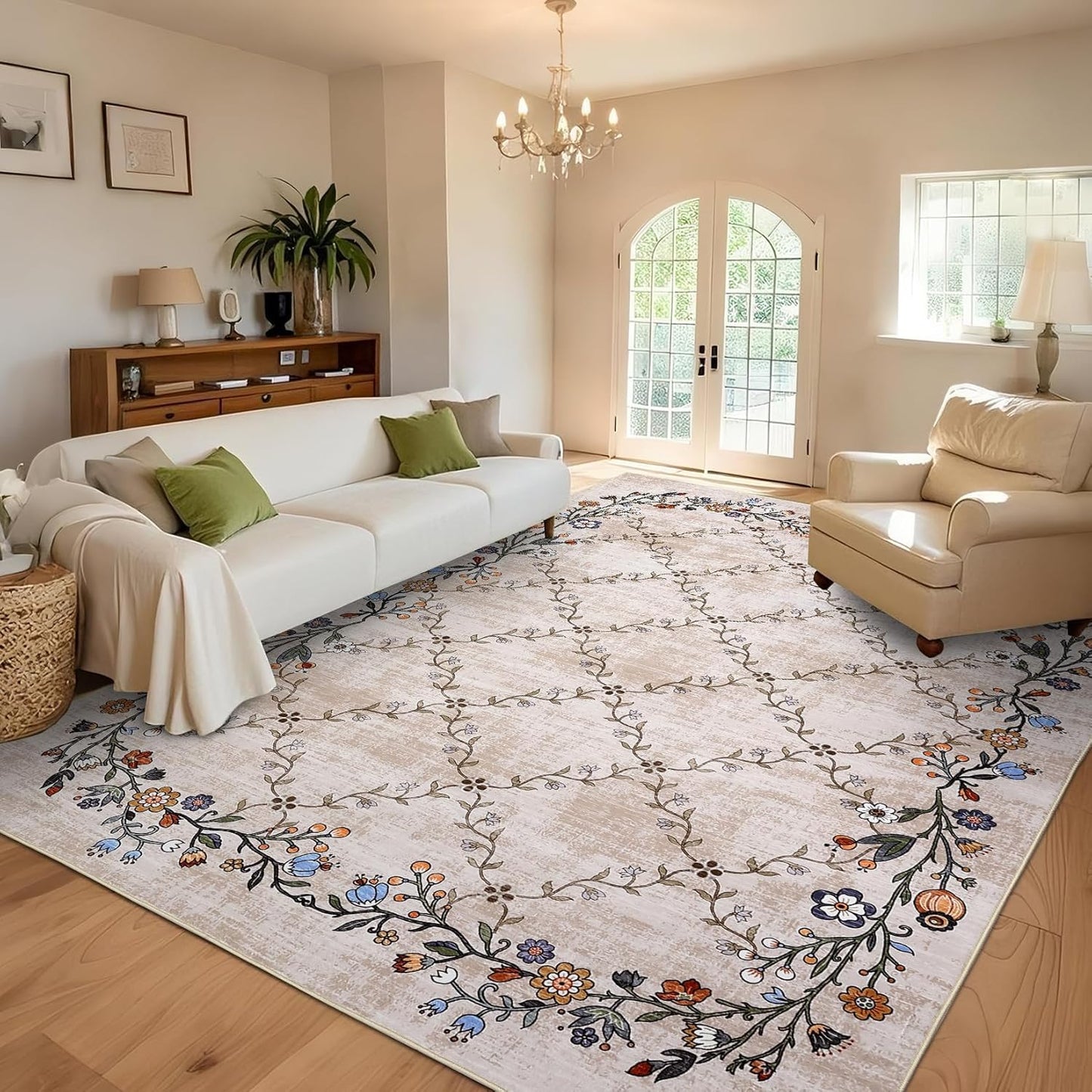 Alfombra floral 5x7pulg beige antiderrap interiores