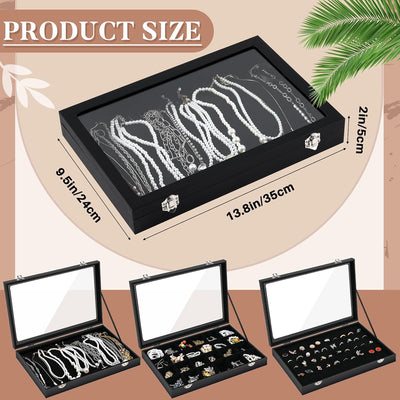 Caja exhibición cristal 3 Pzas soporte collares anillos 13.8x9.5x2pulg negro