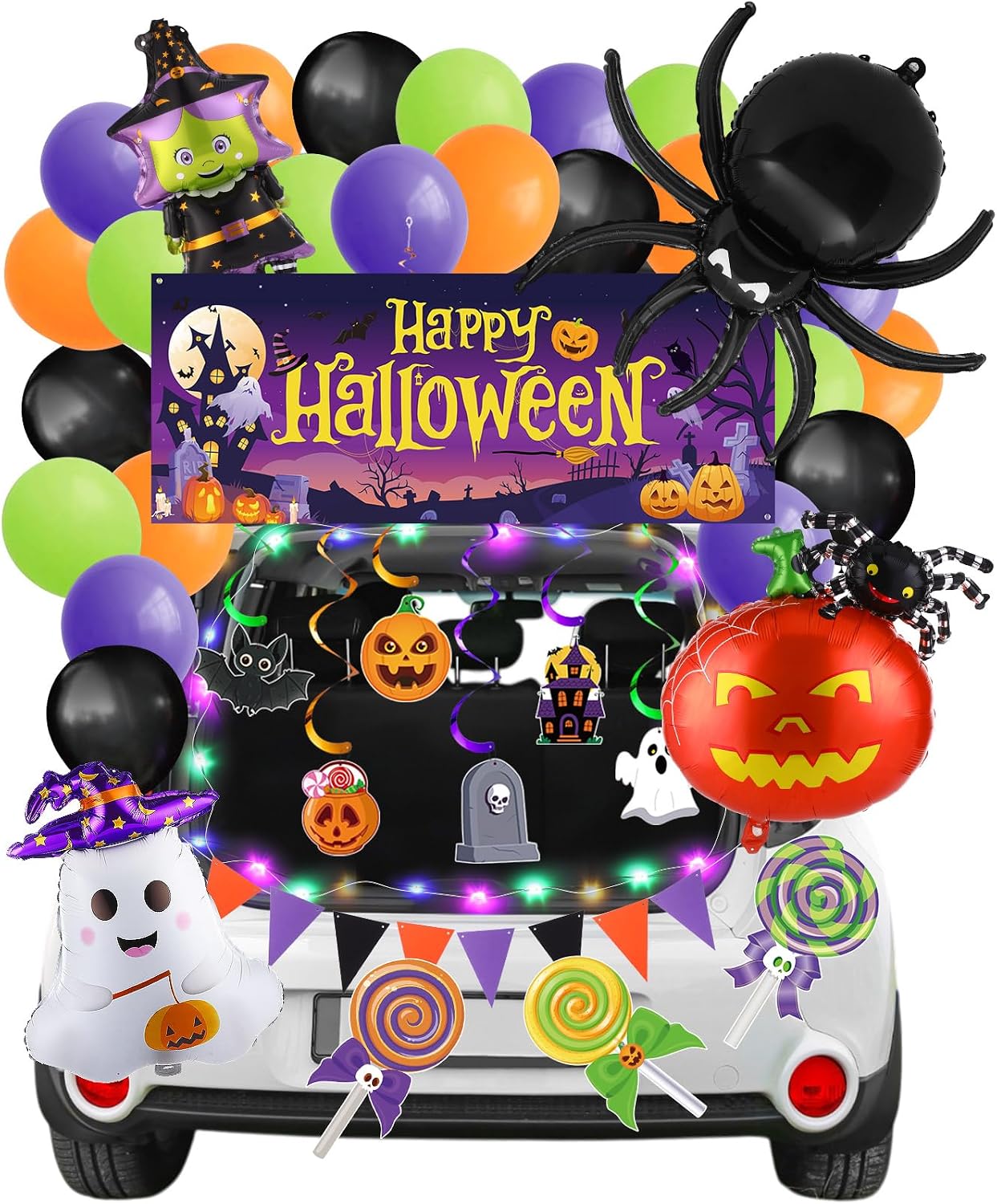 Kit decoración Halloween coche globos luces arco puerta