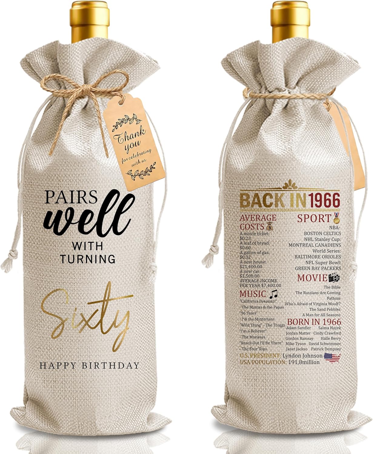 Bolsa regalo vino cumpleaños 60 años con cordón y tarjeta