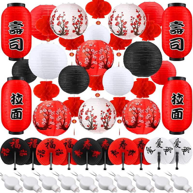 49 Linternas Papel Rojo Flor Cerezo LED Decoración Año Nuevo