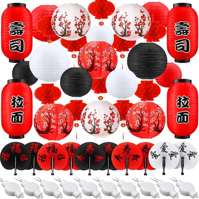 49 Linternas Papel Rojo Flor Cerezo LED Decoración Año Nuevo