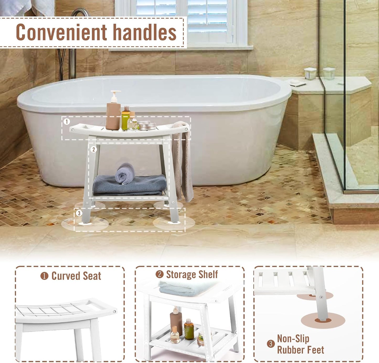 Banco ducha impermeable plástico HDPE con estante y asas