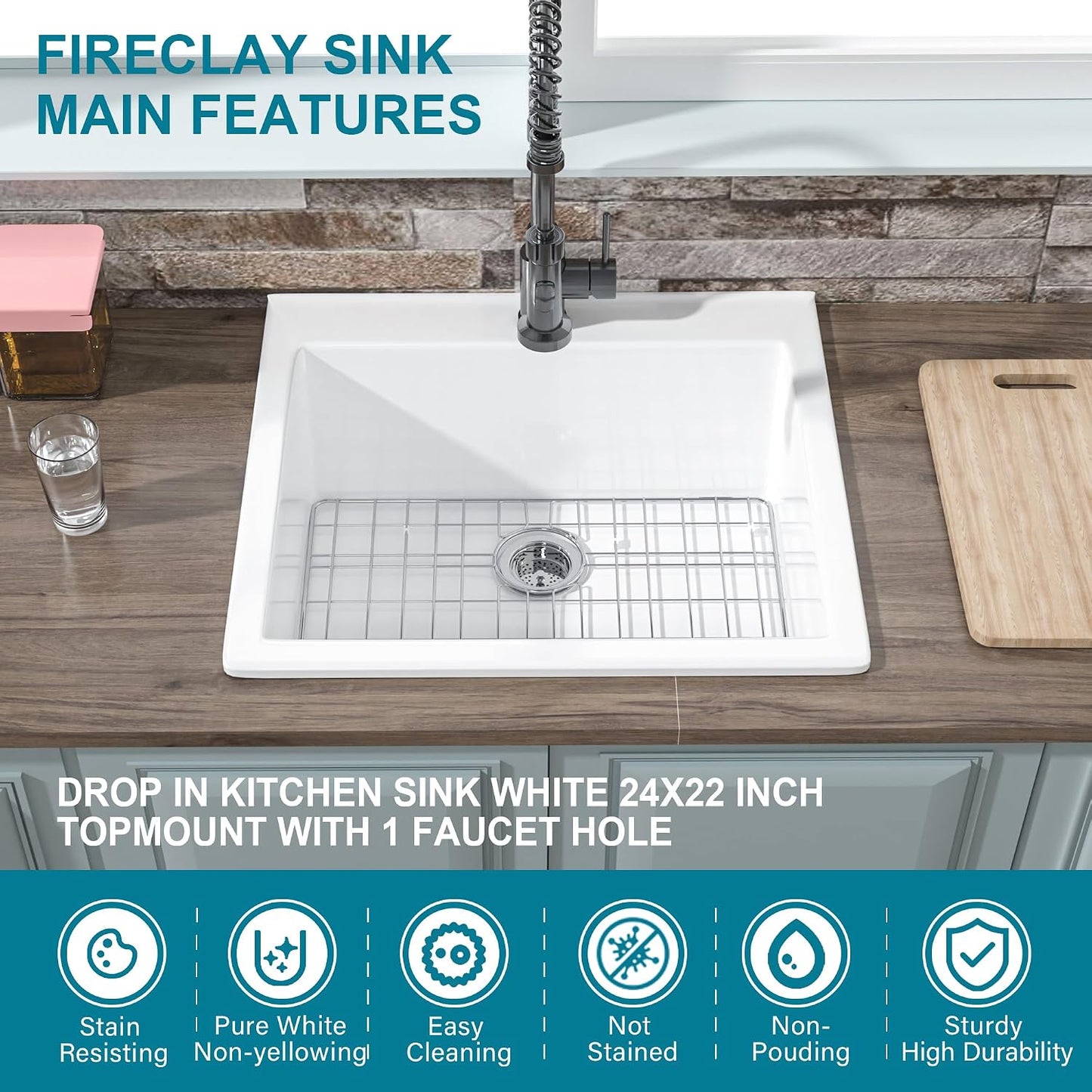 Fregadero cocina empotrable 24x22pulg blanco 1 agujero