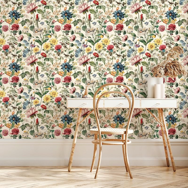 Papel tapiz floral autoadhesivo 17.7x354" dormitorio