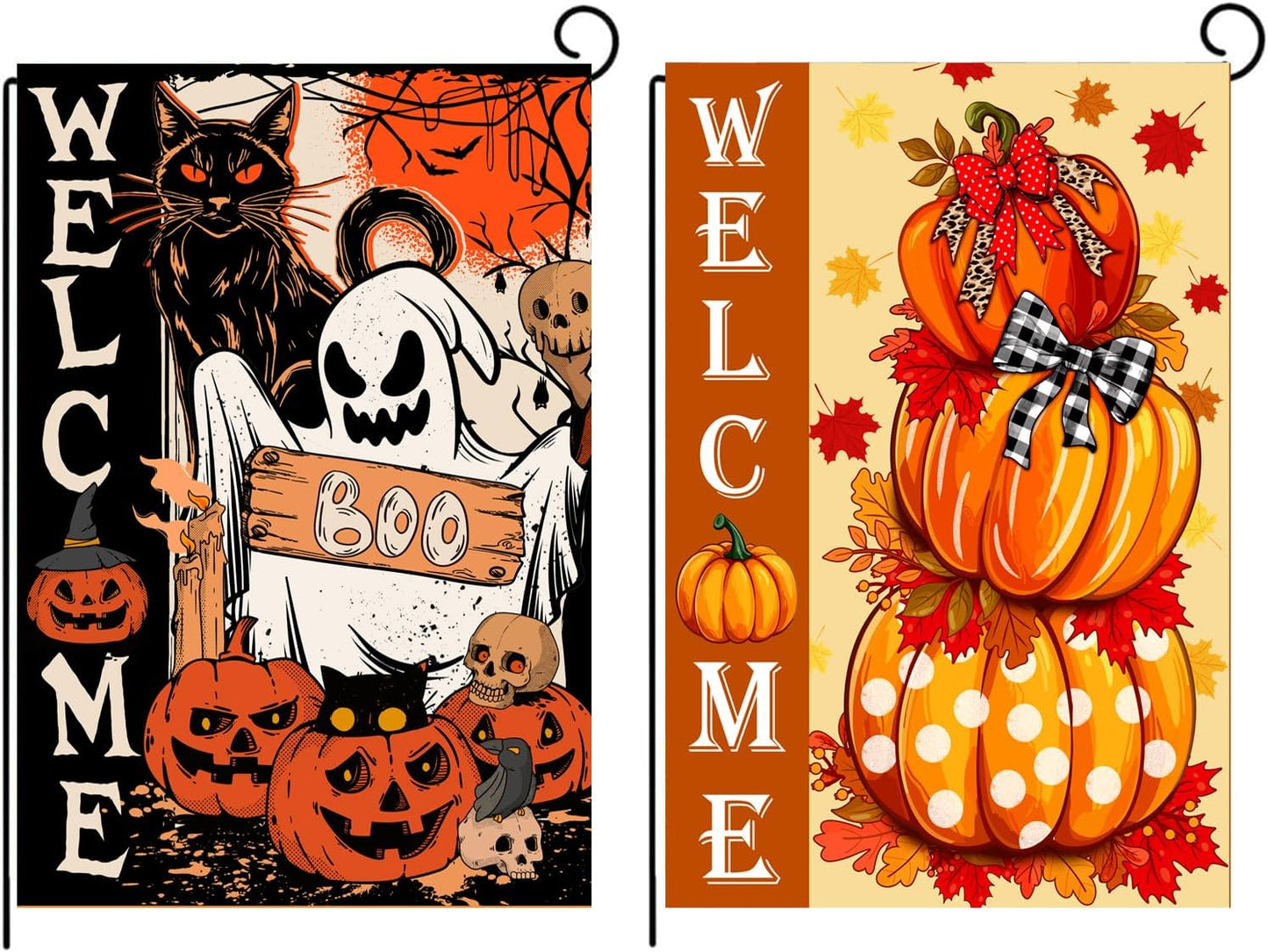 2 Banderas Jardín Halloween 12x18" Doble Cara