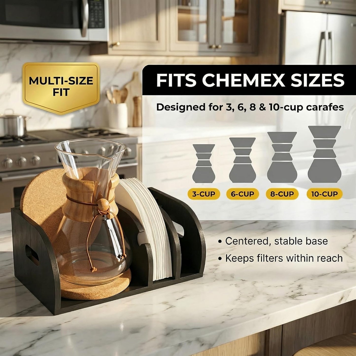 Chemex Caddy 3en1 con alfombrillas corcho bambú negro