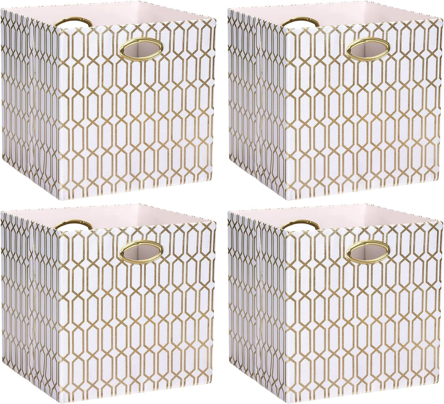 4 Pzas Cubos Almacenamiento Tela 11x11" Blanco/Dorado